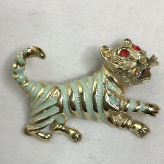 Vintage Jewelry Enamel Tiger Brooch Pin Rhinestone Eyes