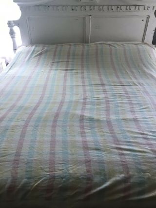 Vtg Cotton Camp Blanket Lovely Plaid Pastel Stripes 80” By 64” Baby Soft