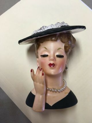 Vintage 1958 Lady Head Vase Napco C3343a Black 4.  5” Pearl Necklace & Earrings