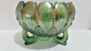 Vintage Northwood Leaf And Beads Rose Bowl Green Carnival Glass