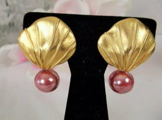 Vintage Signed Norma Jean Big Golden Shells Pink Fx Pearl Drops 2 " Clip Earrings