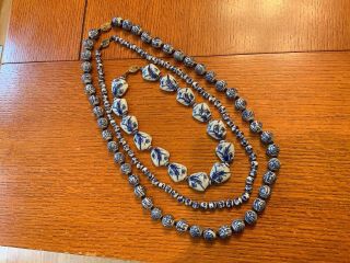 3 Vintage Chinese Blue White Porcelain Bead Necklaces