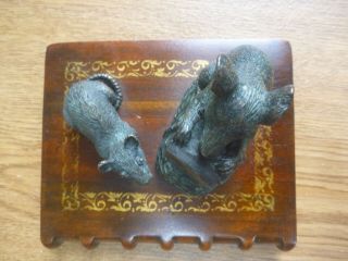 VINTAGE AFTER MAITLAND SMITH PATINATED BRONZE MICE ON MAHOGANY BOOK PAPER HOLDER 6