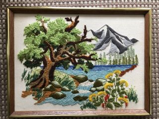 Vintage 70’s Framed Crewel Embroidery Landscape Tree Mountain & River