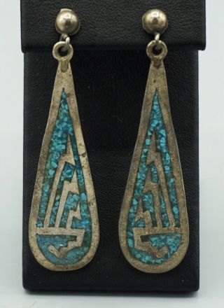 Vtg Taxco Mexico Sterling Silver & Inlaid Turquoise Pierced Earrings 58