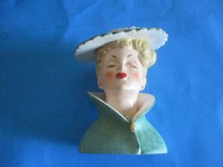 Vintage 1959 NAPCO Lady Head Vase C3815C Green Hat & Coat Pearl & Rhinestone 5 