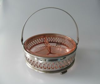 Pink Depression Glass Divided Candy Relish Dish W/ Metal Carrier Vintage