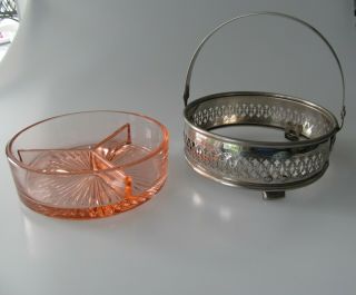 Pink Depression Glass Divided Candy Relish Dish w/ Metal Carrier Vintage 2