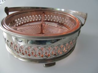 Pink Depression Glass Divided Candy Relish Dish w/ Metal Carrier Vintage 3