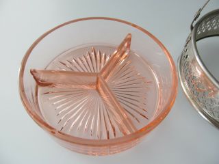 Pink Depression Glass Divided Candy Relish Dish w/ Metal Carrier Vintage 4