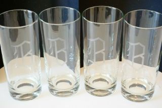 B Monogram Etched Drinking Glasses Set Of 4 Vintage Tall Tumblers
