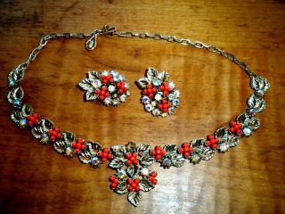 Vintage Coro Colorful Rhinestone Collar Necklace And Clip - On Earring Set - Signed