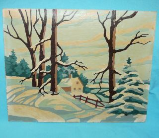 Vtg Paint By Number Winter Scene 10 " X 8 " Sunrise Farm - Trees - Snow 60s Primitive