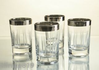4 Vintage Mid Century Etched Juice Glasses Silver Rim 1950’s Retro