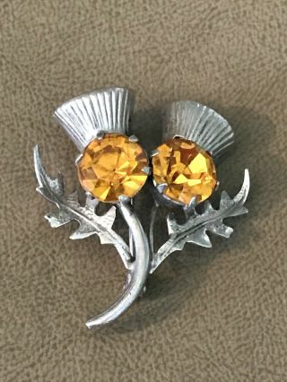 Vintage Brooch Scottish Thistle Double Citrine Sterling Signed W.  B.  S