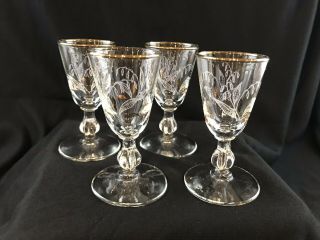 Set Of 4 Vintage Libbey Glass Lily Of The Valley Etch And Gold Cordial Glasses