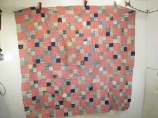 Vintage Hand Sewn Quilt Top Only - Red & Blue Check Pattern Qt 6