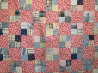 Vintage Hand Sewn Quilt Top Only - Red & Blue Check Pattern QT 6 2