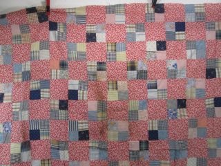 Vintage Hand Sewn Quilt Top Only - Red & Blue Check Pattern QT 6 4