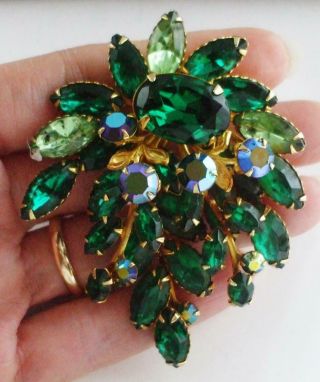 Pretty Vintage Green Rhinestone Flower Pin Brooch W/marquis Oval & Round Stones