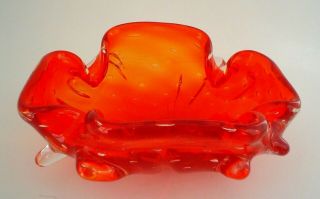 Vintage Murano Red Art Glass Dish With Controlled Bubbles And Clear Fold