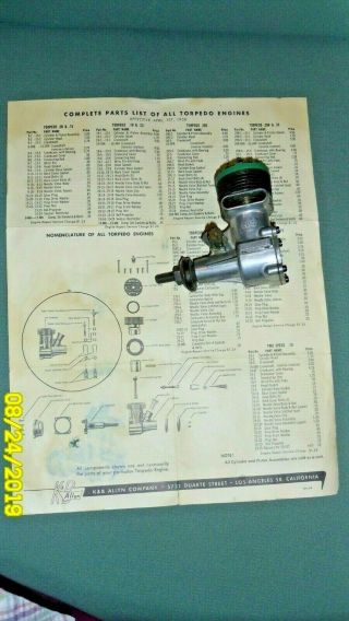 Vintage K & B Torpedo 29 - S Model Airplane Engine.  With Instructions.