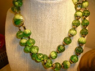 Vintage 2 Strand Mid - Century Green And White Lucite Bead Necklace/ Hong Kong