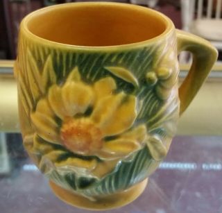 Vintage Roseville 2 - 3 1/2 Yellow Peony Flower Art Pottery Mug,