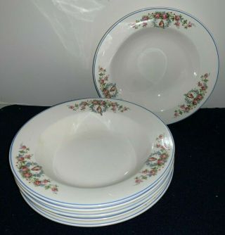 (set Of 6) Vintage Mp Co Bluebird China 9 1/8 " Rimmed Soup Bowls