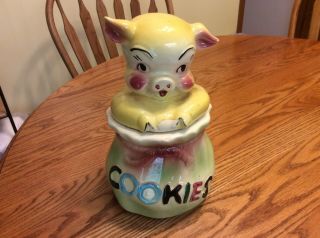 Vintage American Bisque Pig In A Poke Cookie Jar 12 " Tall Piggy Yellow Green Usa