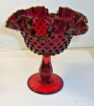 Vintage Fenton Ruby Red Hobnail Double Ruffle Footed Compote Candy 6 1/4 " Tall