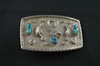 Vintage Native Sterling Silver Eagle Belt Buckle W Turquoise Stones - 44g