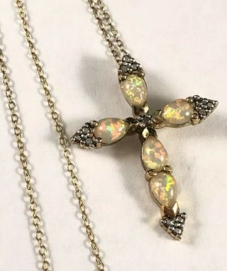 Vintage Gold Washed Sterling Silver Opal Cross Pendant Necklace 18”in :)
