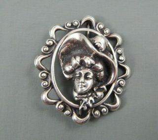 Vintage Art Nouveau Sterling Silver Woman W/ Hat Repousse Cameo Brooch Pin 24g