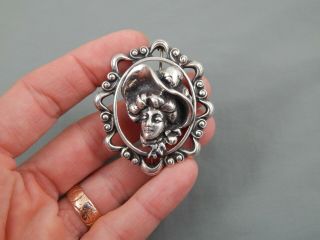 Vintage Art Nouveau Sterling Silver Woman w/ Hat Repousse Cameo Brooch Pin 24g 4