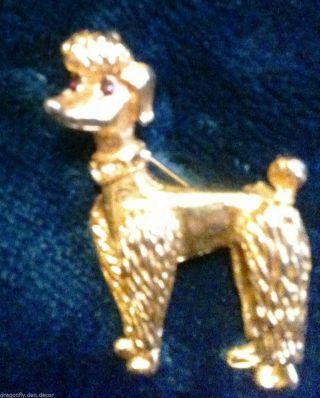 Vintage Unsigned Boucher - Brooch/pin Gold Tone Toy Poodle W Red Glass Eyes U30