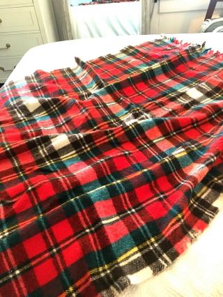 Blanket Vtg Red Brown Teal Green Plaid Checkered Wool Throw