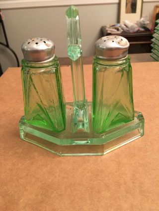Vintage Art Deco Green Depression Glass Salt And Pepper Shakers With Holder