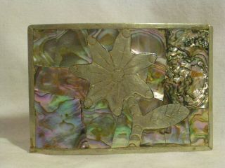 Vintage Mother Of Pearl Abalone Mexico Belt Buckle Flower Detail 3.  5 " X 2.  25 "