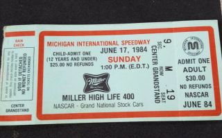 Vintage Ticket Miller High Life 400 Nascar June 17,  1984 Mich Int 