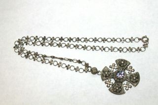 Vintage Sterling Silver Yalalag Maltese Cross Pendant Necklace Purple Amethyst