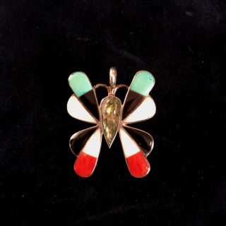 Vintage Estate Southwest Zuni Silver Stone Inlay Butterfly Pin Brooch,  Signed
