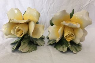 Vintage Capodimonte Floral Candle Holders Yellow Flowers Italy