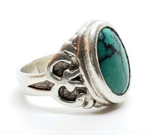 Heavy Vintage Signed Sterling Silver & Turquoise Cabochon Native American Ring