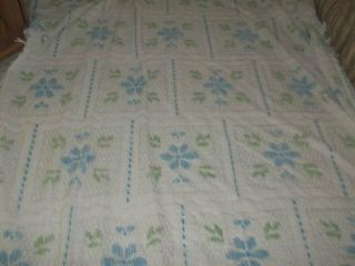 Vintage 94 X 104 " Blue And White Polyester Fringed Chenille Bedspread Lovely