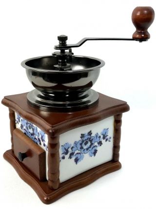 Hand - Crank Coffee Spice Grinder Vintage Look Blue & White Floral Wood Frame