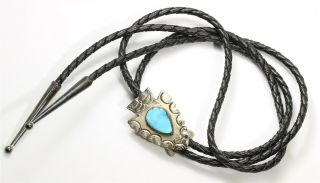 Vintage Navajo Sterling Silver Small Old Pawn Blue Turquoise Arrowhead Bolo Tie