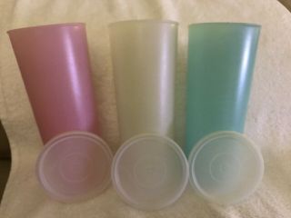 3 Vintage Pastel Tupperware 107 Tumblers Cups 16 Oz Plastic With Lids