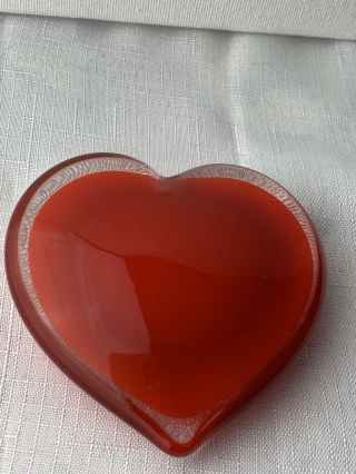 Vtg Estate Studio Art Glass Ruby Red Heart Paperweight In Cased,  Hand Blown Gift