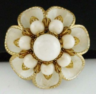 Lovely Vintage 3 - D Flower Pin Brooch W/off White Enamel & Off White Beads